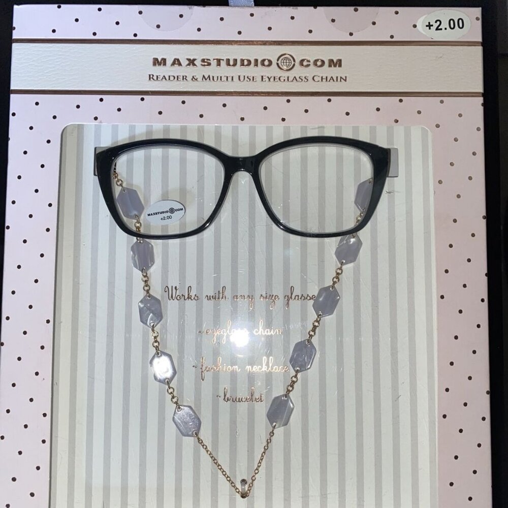 + 2.00 Max Studio womens black Reading glasses  Eyeglass Fashion Necklace Chain
